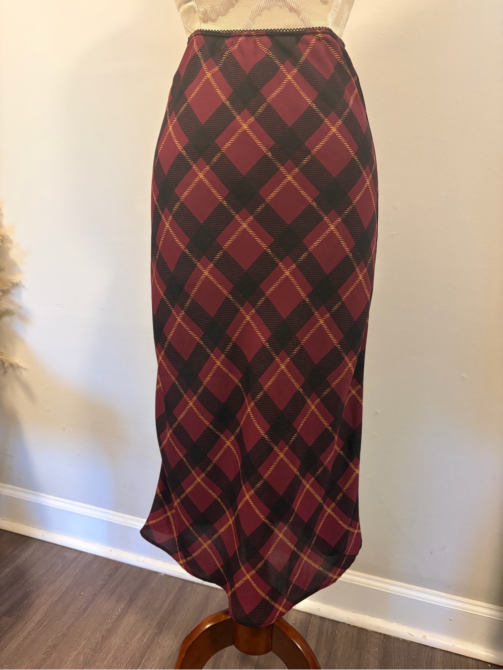 Band of Gypsies Burgundy and Yellow Plaid Midi Skirt
